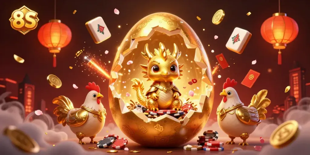 Experience a vibrant 8S gaming world with a golden dragon and poker chips in a casino setting.