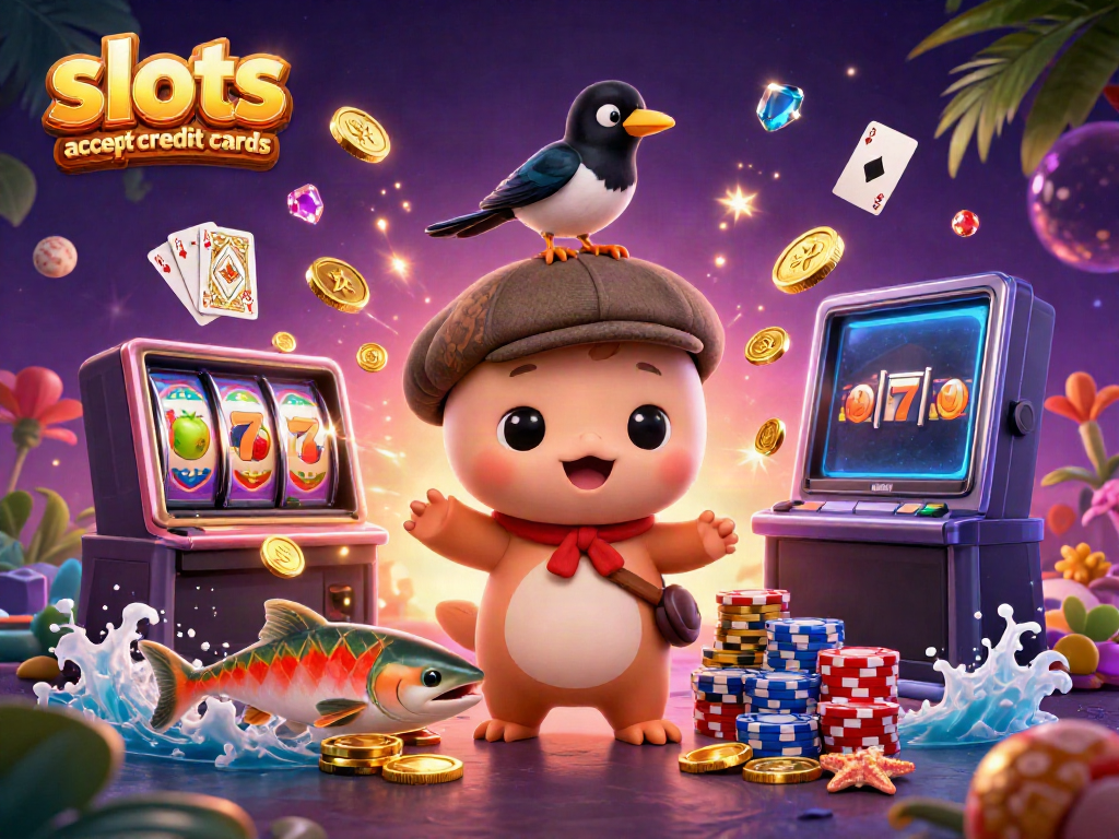 Engaging slots that accept credit cards scene featuring cartoon Nessie, vibrant casino elements, and festive ambiance.