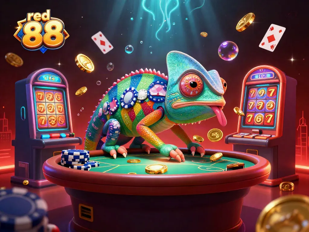 Engage with vibrant red 88 online casino imagery featuring a chameleon casino owner amidst lively gaming elements.