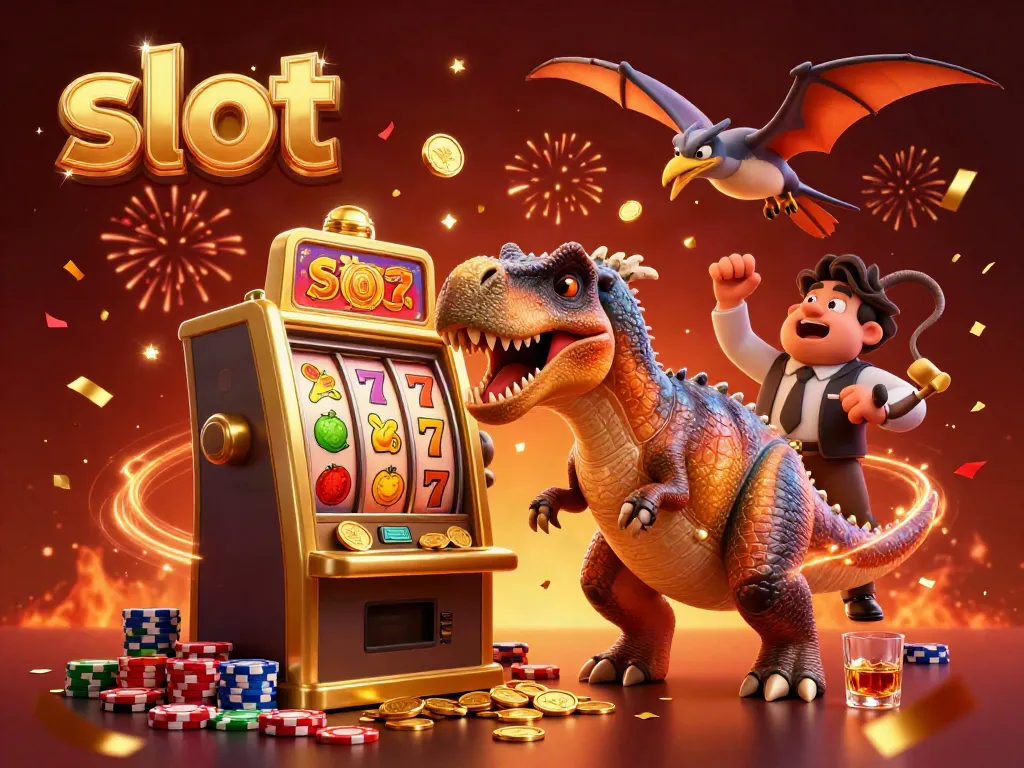 Experience the excitement of slot machines with a cartoon dinosaur winning coins!