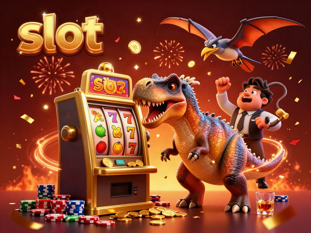 Experience the excitement of slot machines with a cartoon dinosaur winning coins!