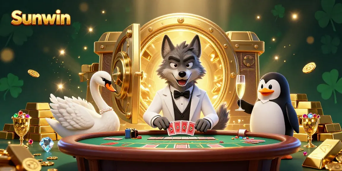 Experience the excitement of Sunwin as a debonair wolf and elegant swan deal cards at a luxurious casino.