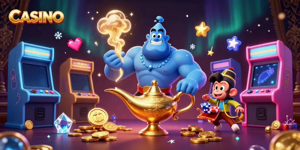 Casino-themed illustration featuring a magical genie, poker chips, and arcade game machines.