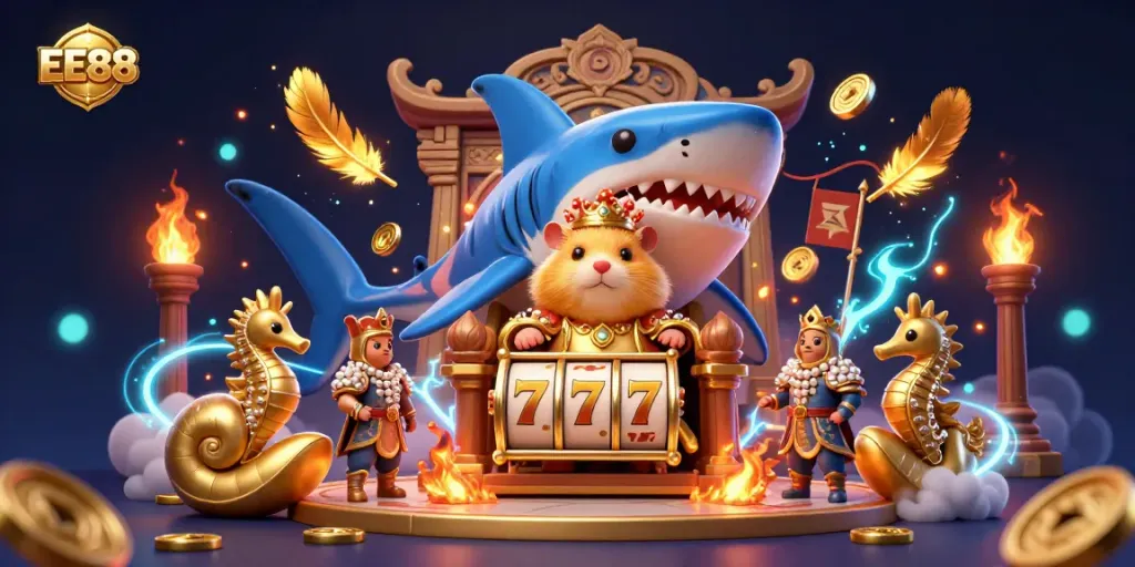 Experience the thrilling world of EE88 with dynamic elements including lively slot reels and vibrant casino action.