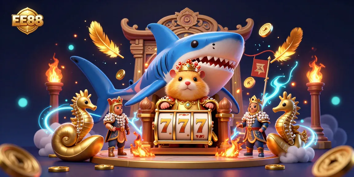 Experience the thrilling world of EE88 with dynamic elements including lively slot reels and vibrant casino action.