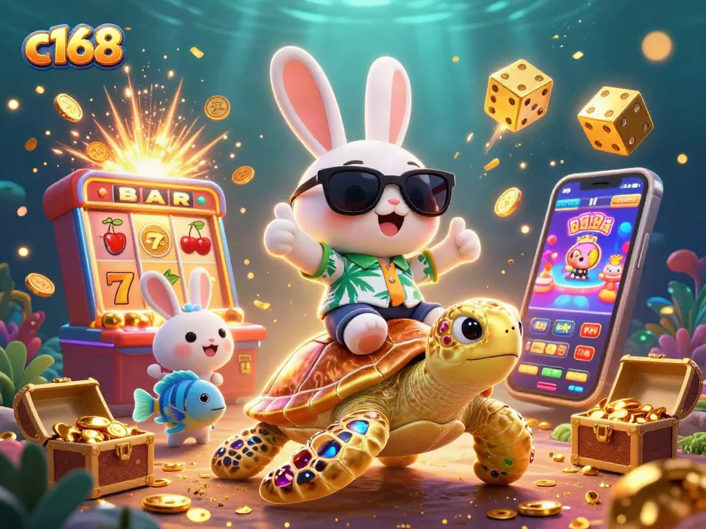 Engage in thrilling casino fun with c168 as a lucky rabbit and golden turtle surround a jackpot explosion.