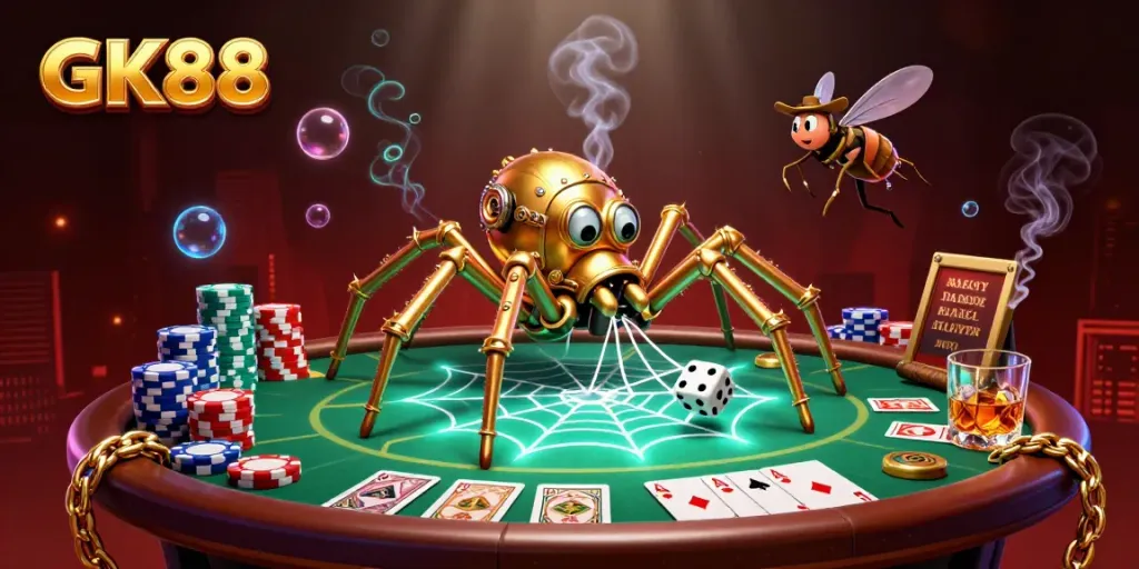 Engage in thrilling GK88 gambling action with steampunk spider and dynamic poker elements.