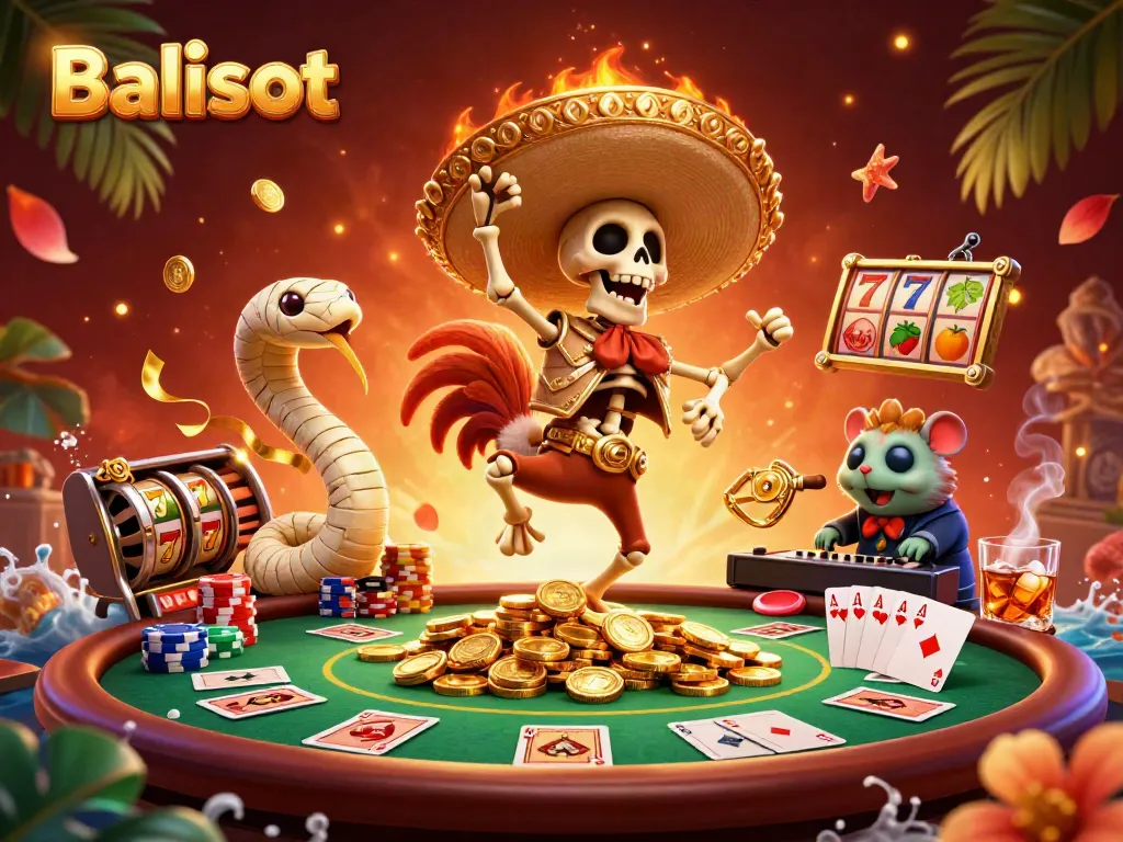Balislot casino scene with cartoon skeleton mariachi rooster dancing on coins, vibrant atmosphere.