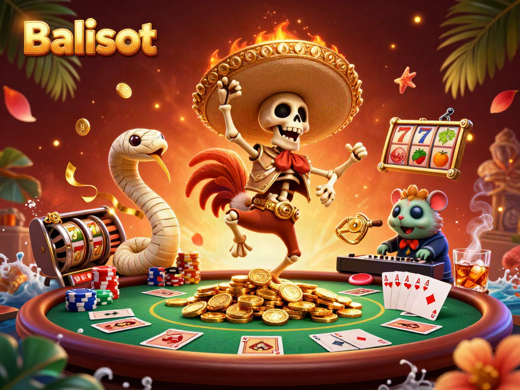 Balislot casino scene with cartoon skeleton mariachi rooster dancing on coins, vibrant atmosphere.