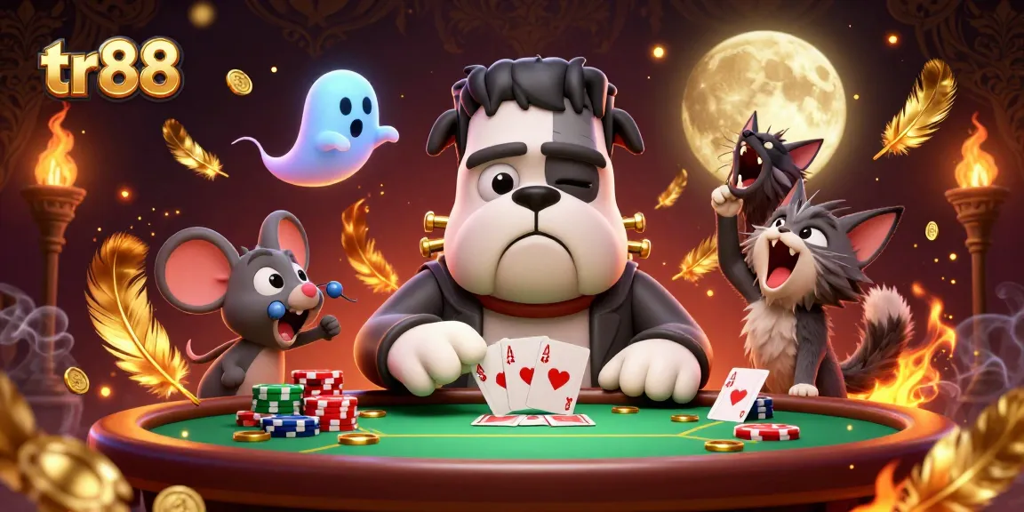 tr88 poker scene with Frankenstein bulldog and werewolf kitten engaging players in the game