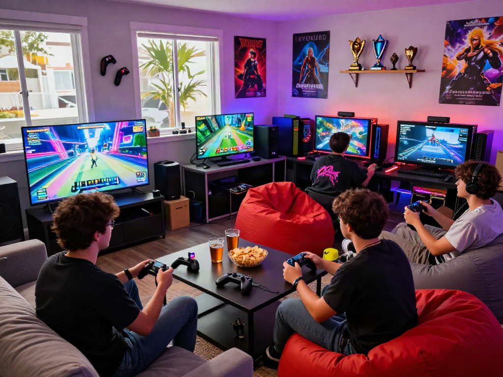 Friends enjoying porngames in a lively gaming lounge, surrounded by consoles and snacks.