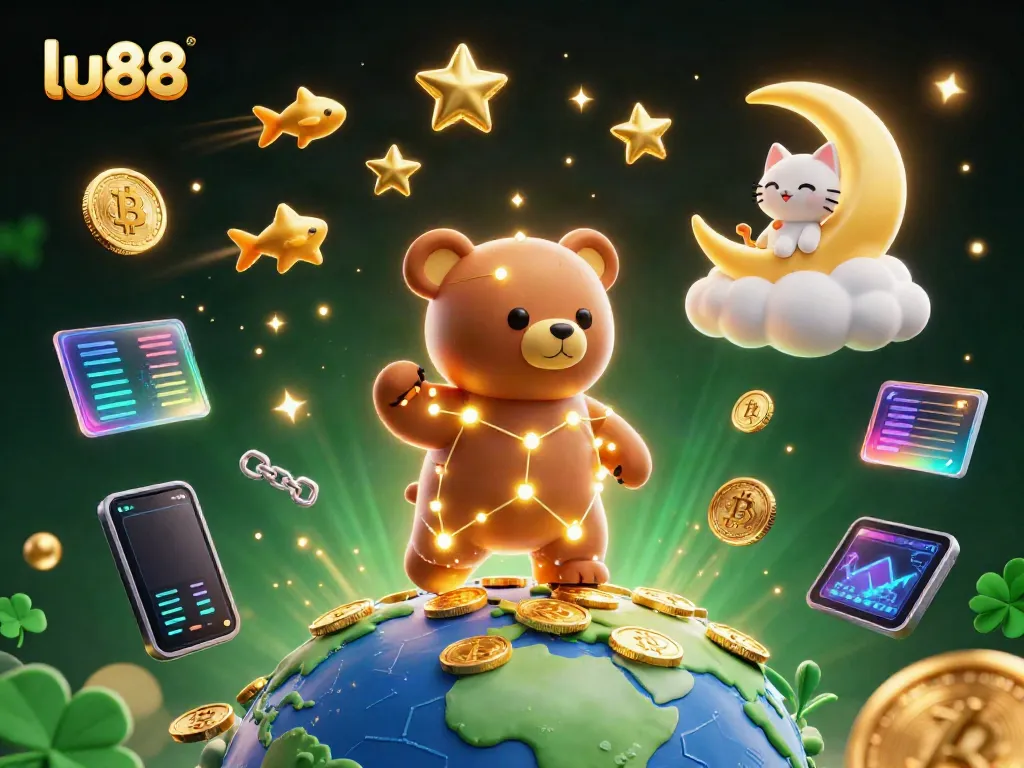 Players experience exciting wins at lu88, surrounded by vibrant digital gaming elements and crypto symbols.