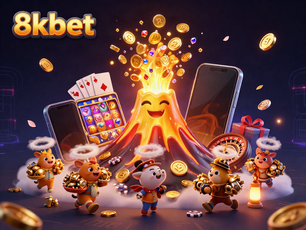 Experience excitement at 8xbet with a golden volcano erupting treasures in a vibrant casino scene.