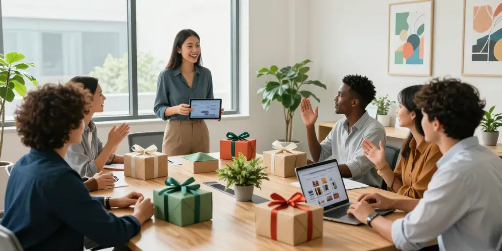 Staff gift boxes arranged in a collaborative office setting, highlighting employee appreciation and eco-friendly gifting.