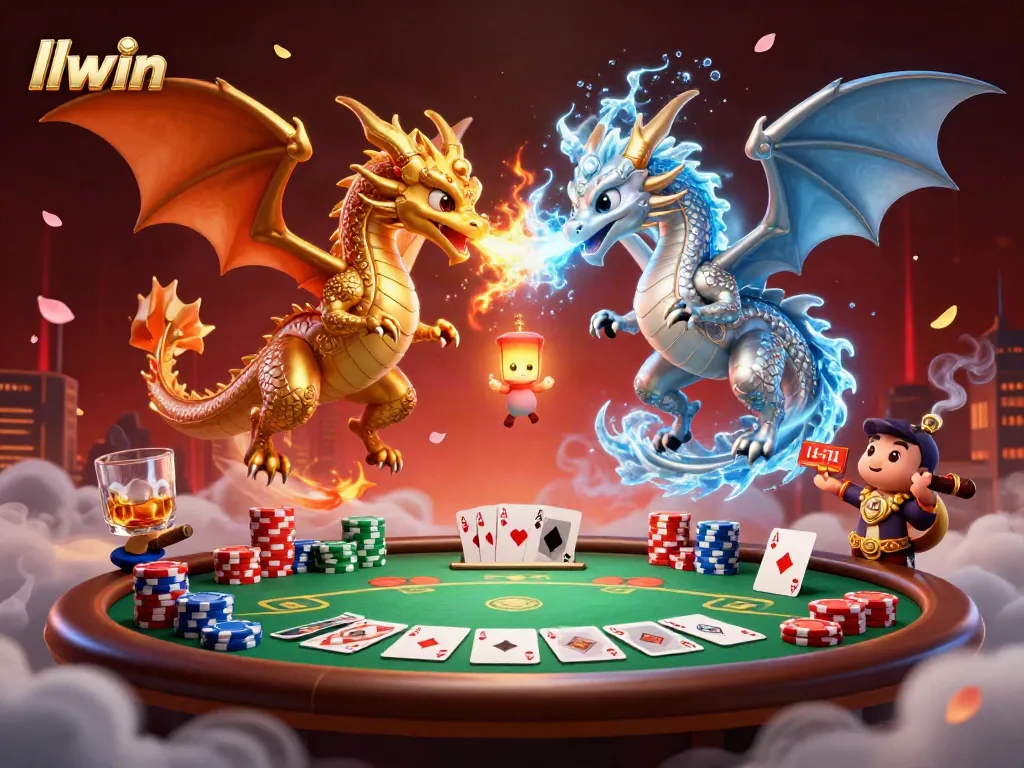 Experience thrilling gameplay at llwin with cartoon dragons battling amidst poker elements and vibrant casino ambiance.