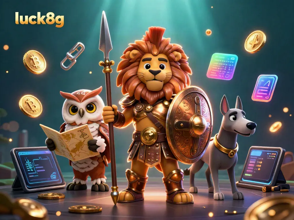 Engage with the exciting luck8g scene featuring a Spartan lion, tactical owl, and swift greyhound in a dynamic casino setting.