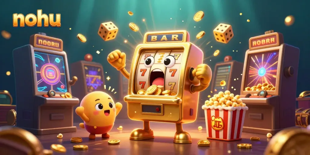 NoHu jackpot scene with a golden slot machine surprised by winning coins and baby machines cheering, showcasing vibrant casino elements.
