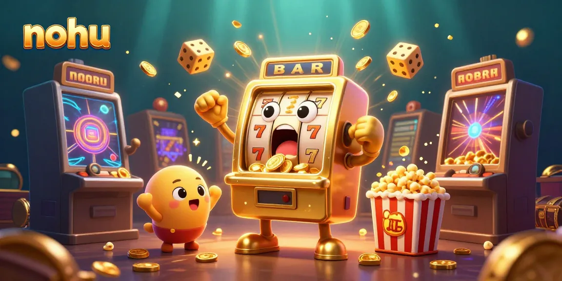 NoHu jackpot scene with a golden slot machine surprised by winning coins and baby machines cheering, showcasing vibrant casino elements.