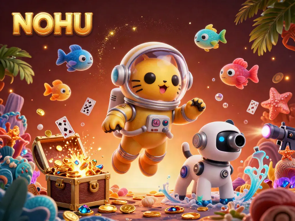 Experience winning thrills at NOHU with a dynamic scene showcasing expert-level gaming excitement in a vibrant 3D illustration.
