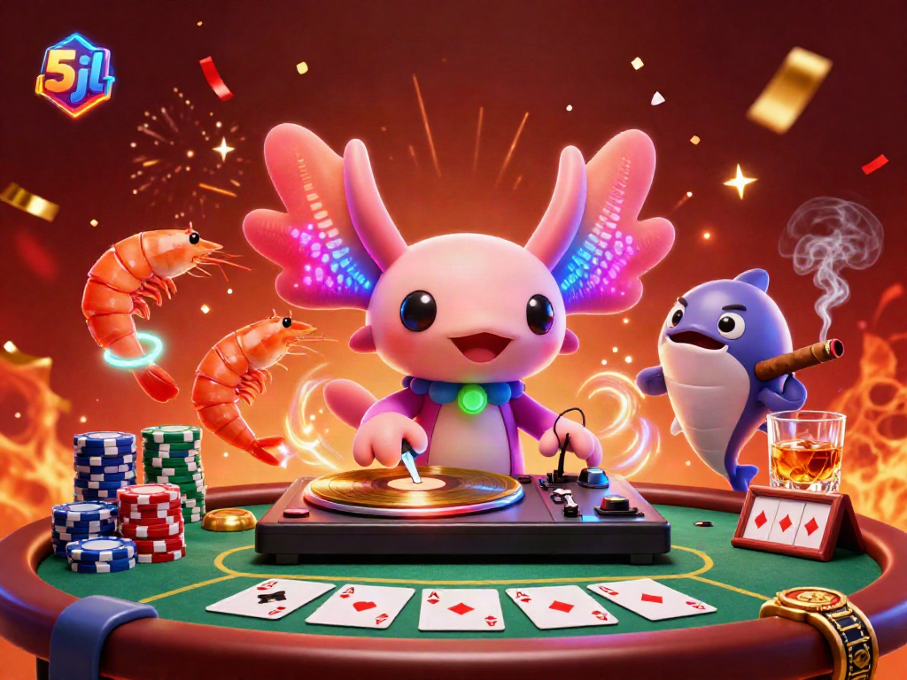 Engage with 5jl's vibrant casino scene featuring a neon axolotl DJ and lively characters.