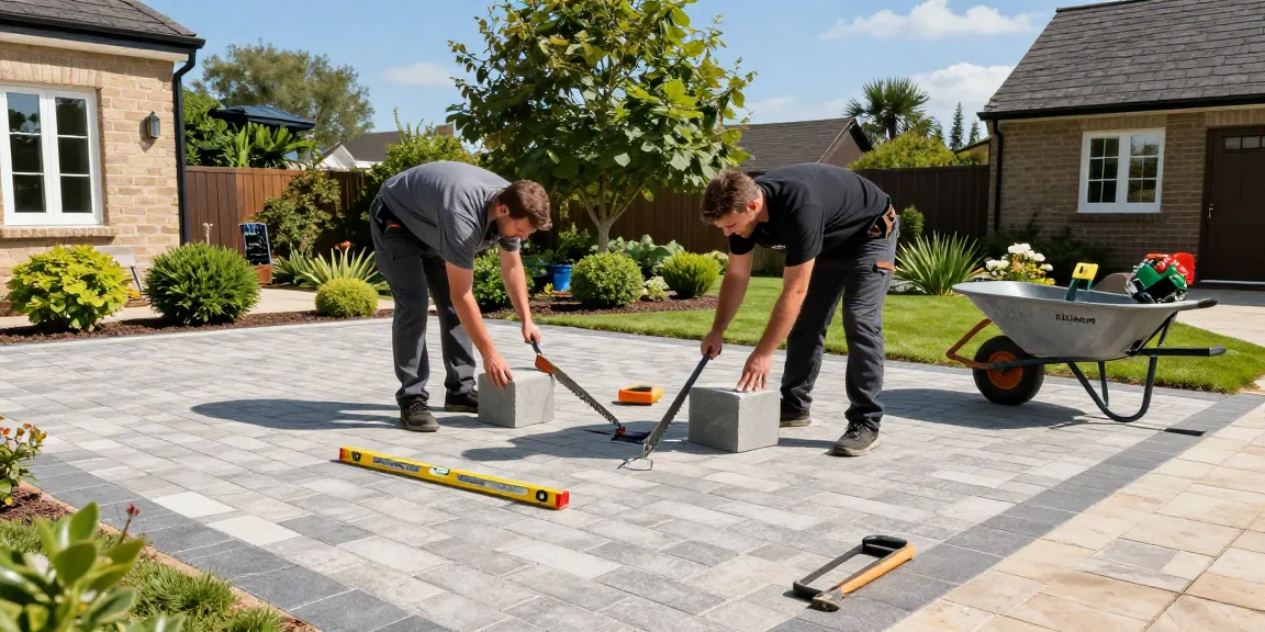 Driveways and Patios installation of block paving driveway by professionals in a sunny residential garden.