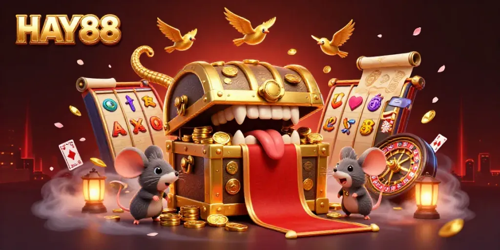 Engage with immersive gaming at HAY88 featuring dynamic 3D elements like a treasure chest and slot games.