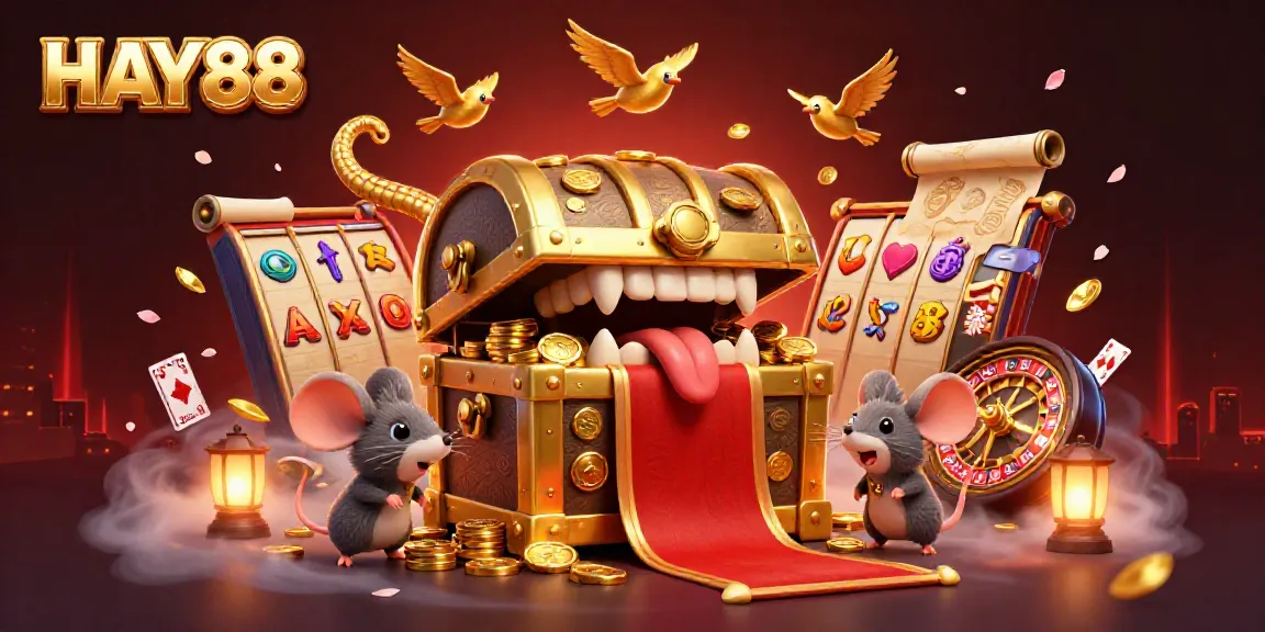 Engage with immersive gaming at HAY88 featuring dynamic 3D elements like a treasure chest and slot games.