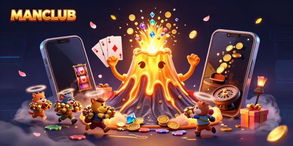 Engage with MANCLUB's thrilling casino adventures featuring golden volcanoes and treasure.