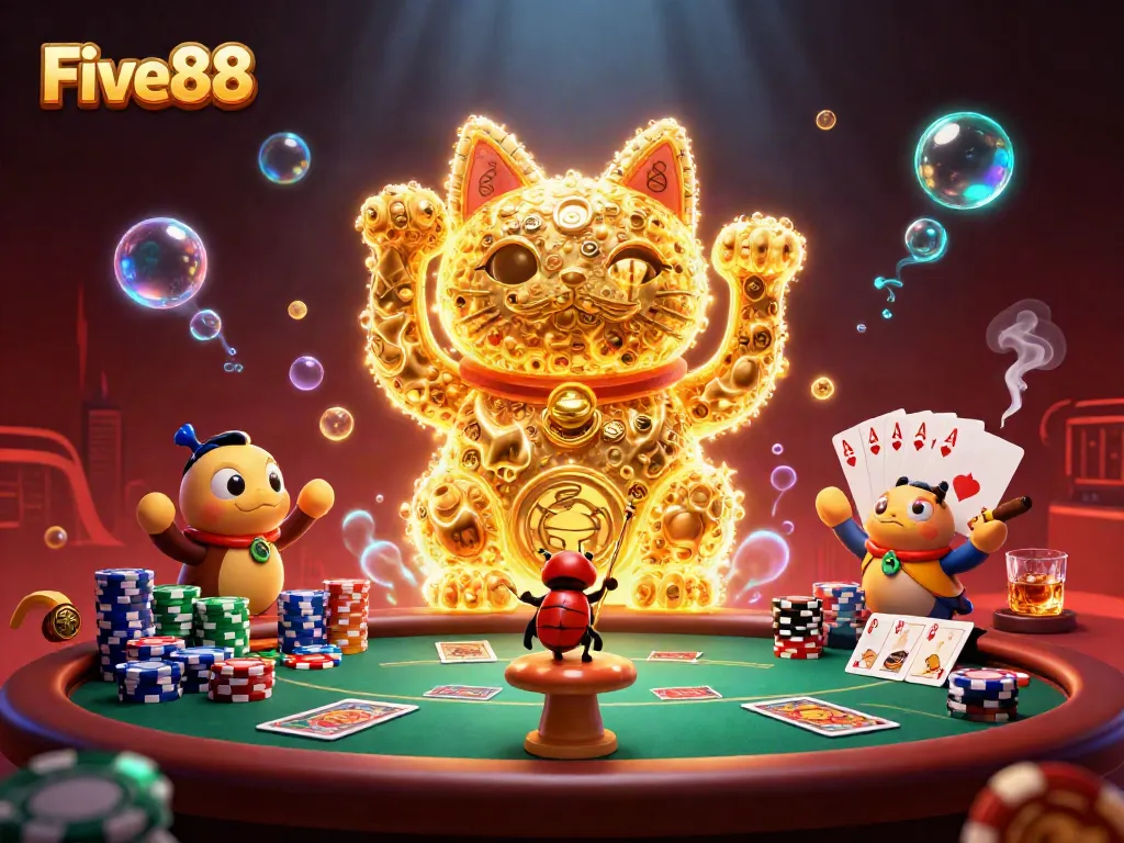 Experience the magic of Five88 where golden lucky cat fireflies bring casino excitement to life.