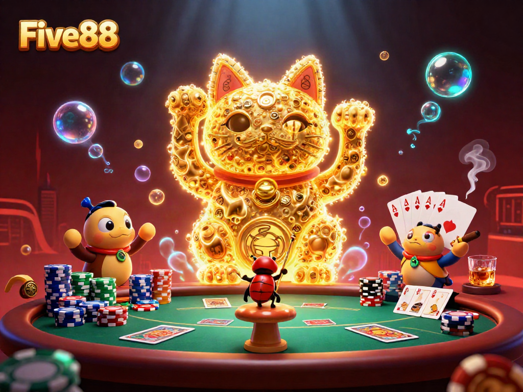 Experience the magic of Five88 where golden lucky cat fireflies bring casino excitement to life.