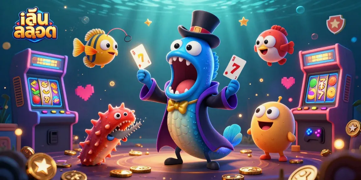 Play สล็อต with vibrant characters and slot-themed decorations in a magical underwater scene.