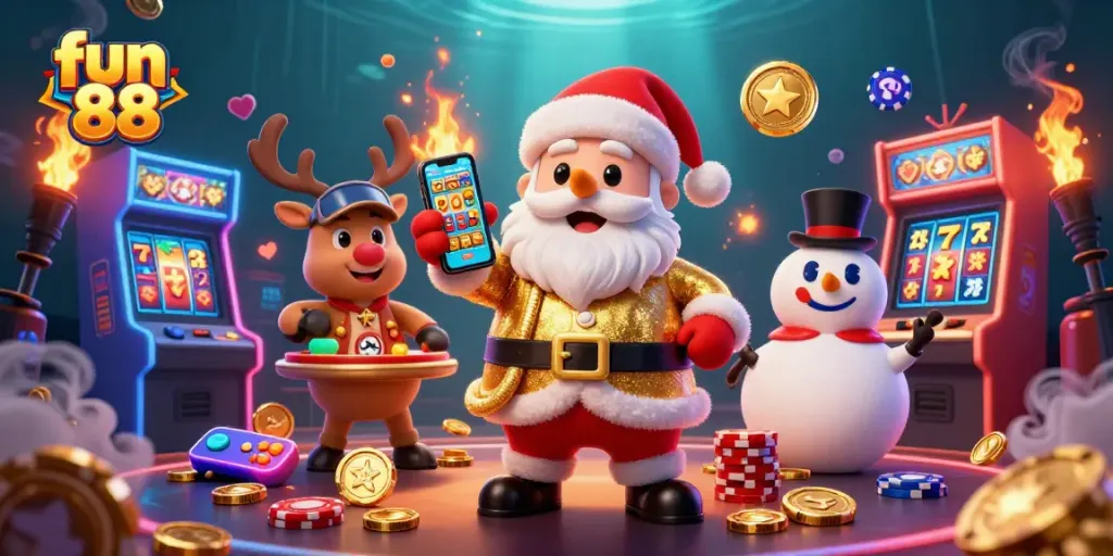 Play engaging games at fun 88 with festive characters in a colorful casino scene.
