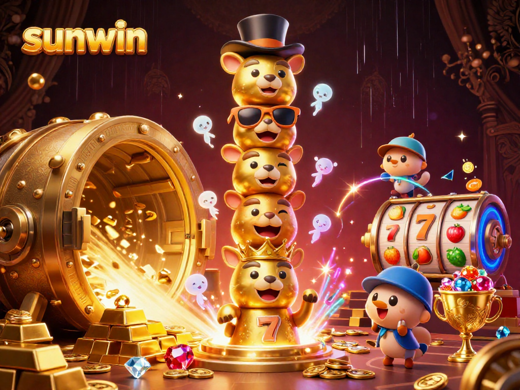 Engage with sunwin's vibrant casino scene featuring a golden totem pole and treasure vault illuminating the excitement of gaming.