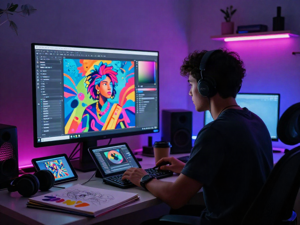 Dynamic studio environment highlighting nsfw ai with vibrant digital art and creative tools.