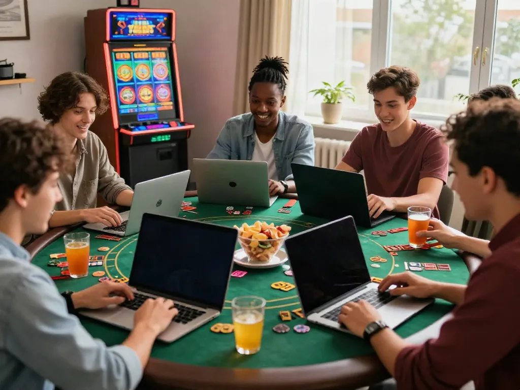 Online gambling experience with friends enjoying games at https://tx88.br.com/ in a cozy setting.
