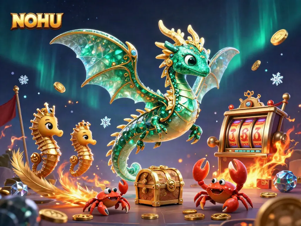 Engaging scene showcasing NOHU with a majestic sea dragon, royal seahorse guards, and a treasure chest surrounded by dynamic gaming elements.