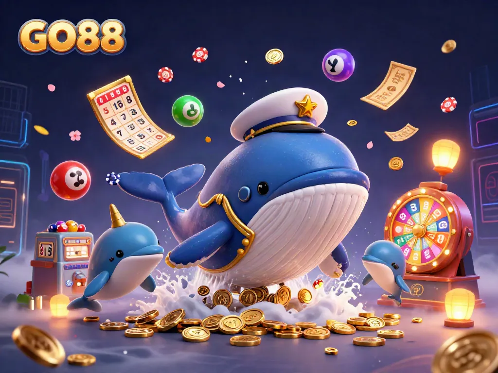 Experience GO88's thrilling casino adventure with a whale breaching coins and playful dolphins.