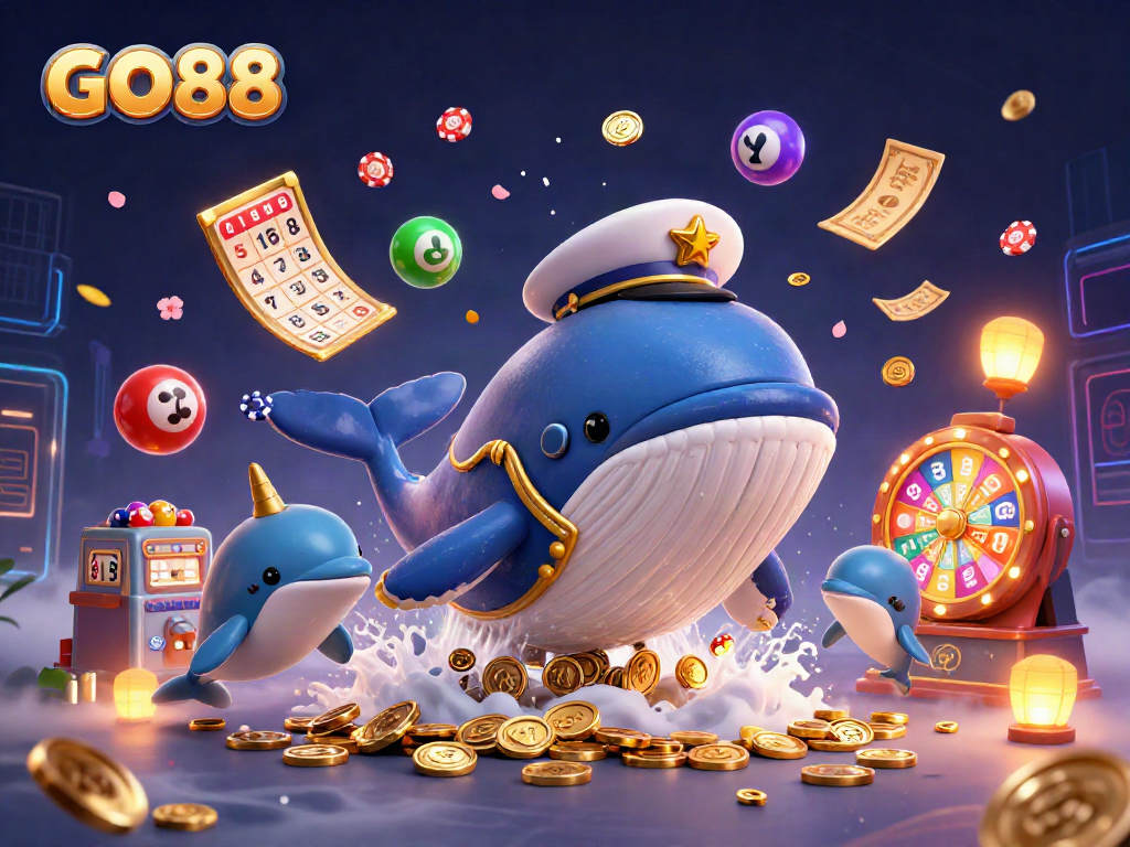 Experience GO88's thrilling casino adventure with a whale breaching coins and playful dolphins.
