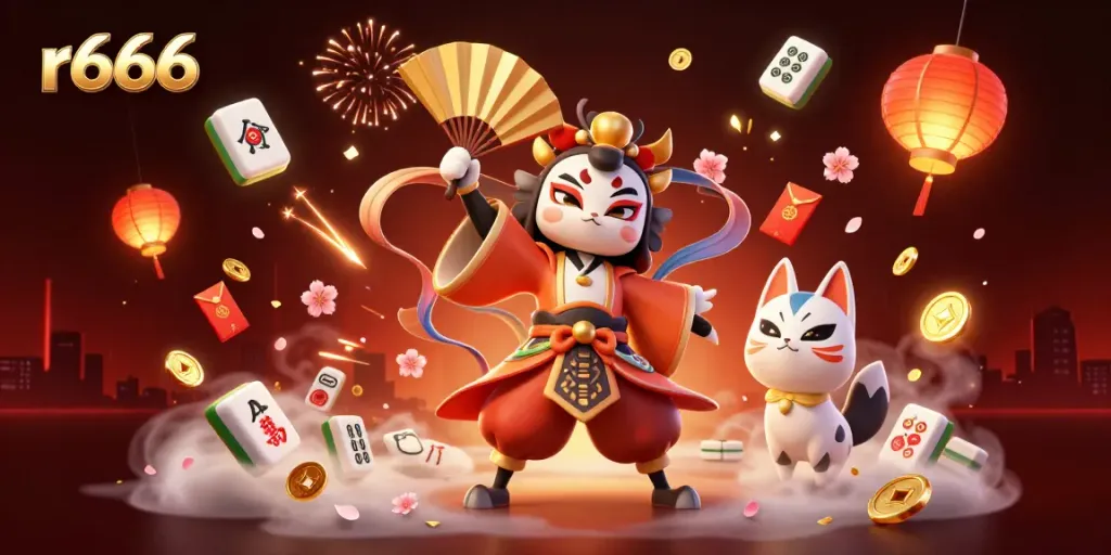 Experience r666 with a vibrant 3D casino scene featuring a kabuki warrior, kitsune mask, and festive gaming elements.