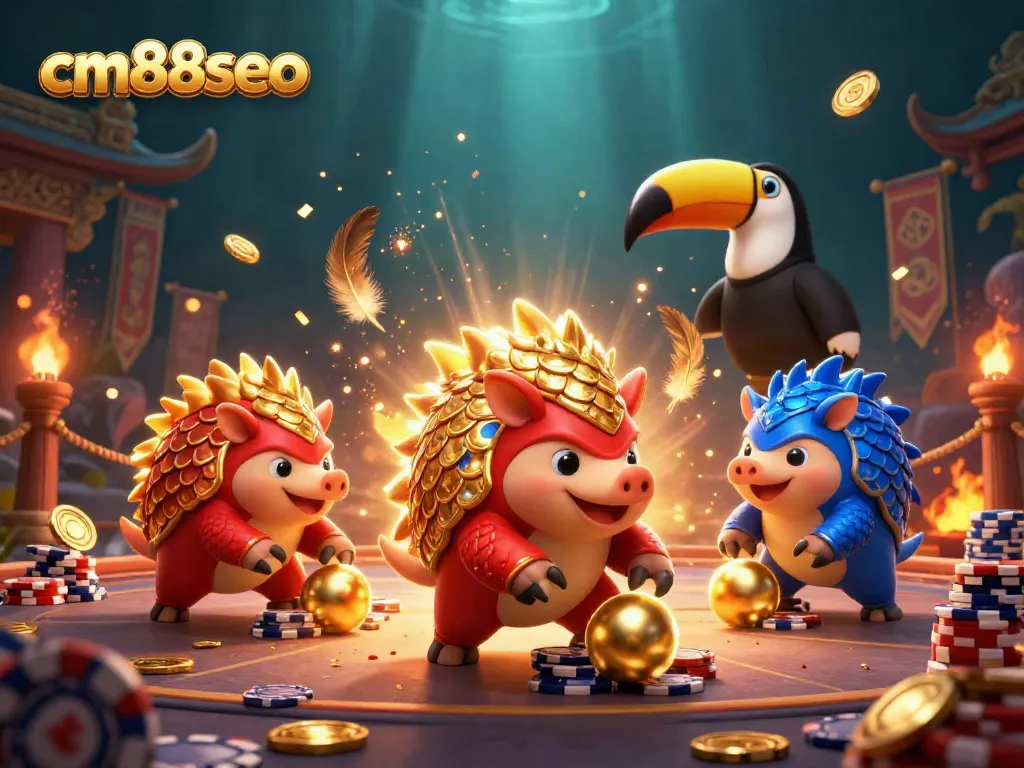 Experience thrilling action in cm88seo's vibrant casino scene with playful pangolins amidst poker chips.