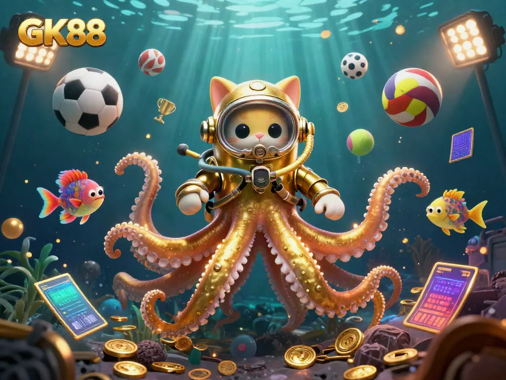 Experience thrilling moments at GK88 with a colossal kraken and a diving cat amidst sports elements.