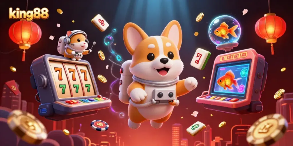 Experience the excitement of king88 in a vivid 3D casino scene with floating slot reels and animated characters.