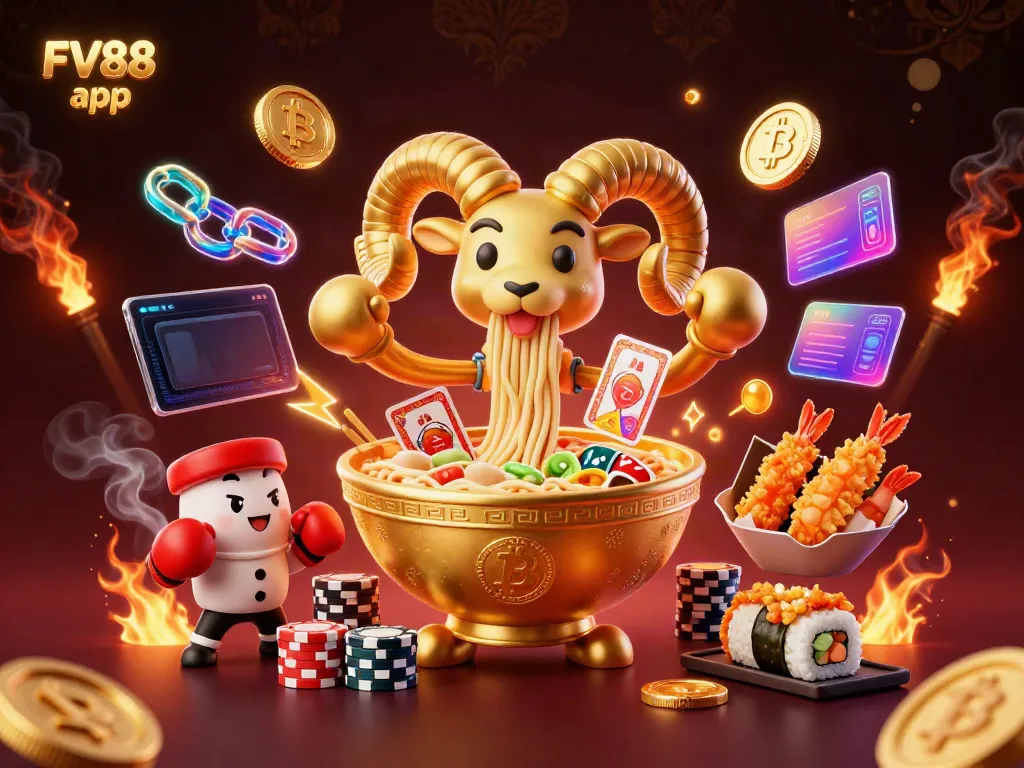 Engage with FV88 app featuring dynamic casino characters and crypto elements in a vibrant, animated scene.