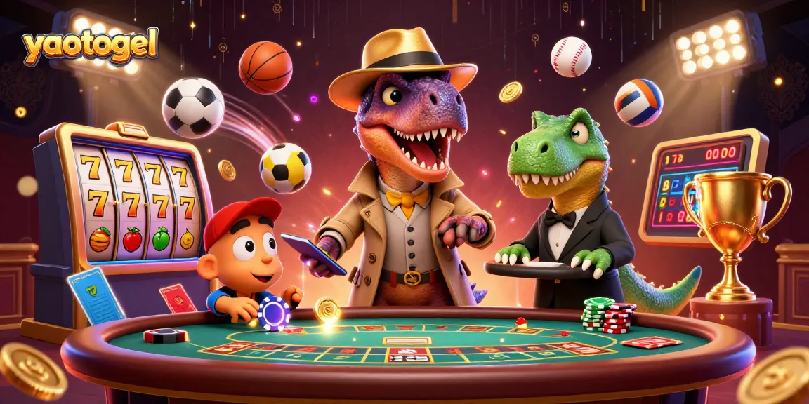 yaotogel dinosaurs play cards at a blackjack table with slot reels and sports elements