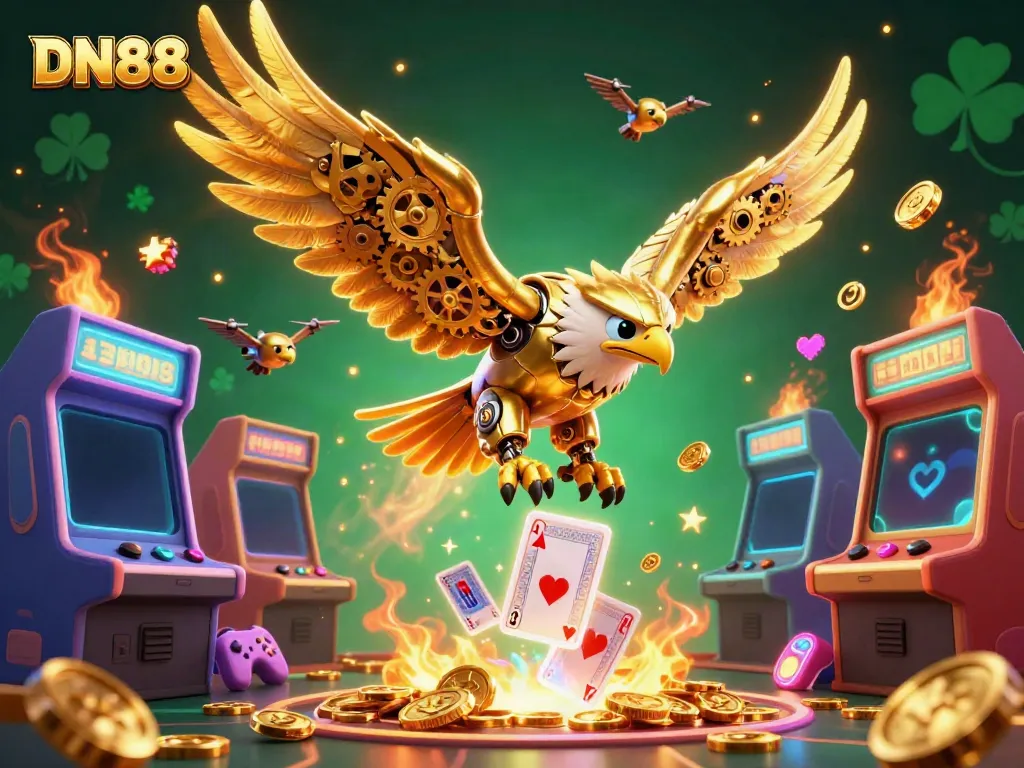 Experience thrilling gameplay at DN88 with a glowing casino setting, vibrant game elements, and a majestic golden eagle.