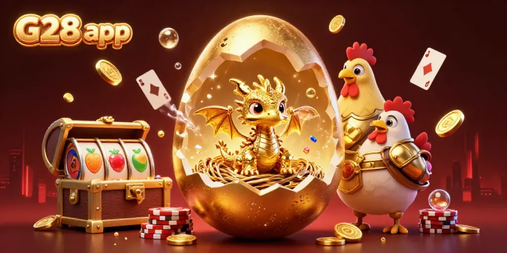Play the G28 app with a golden dragon guarding poker chips amidst colorful slot reels.