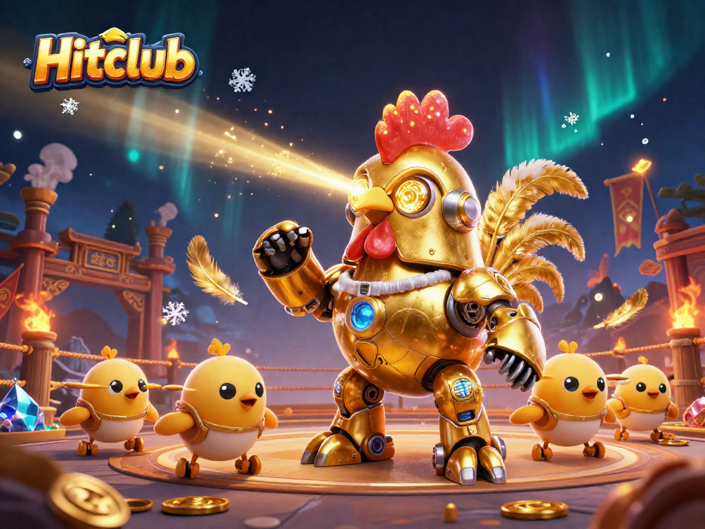 Engage with Hitclub's thrilling atmosphere featuring a futuristic rooster robot and chick drones!