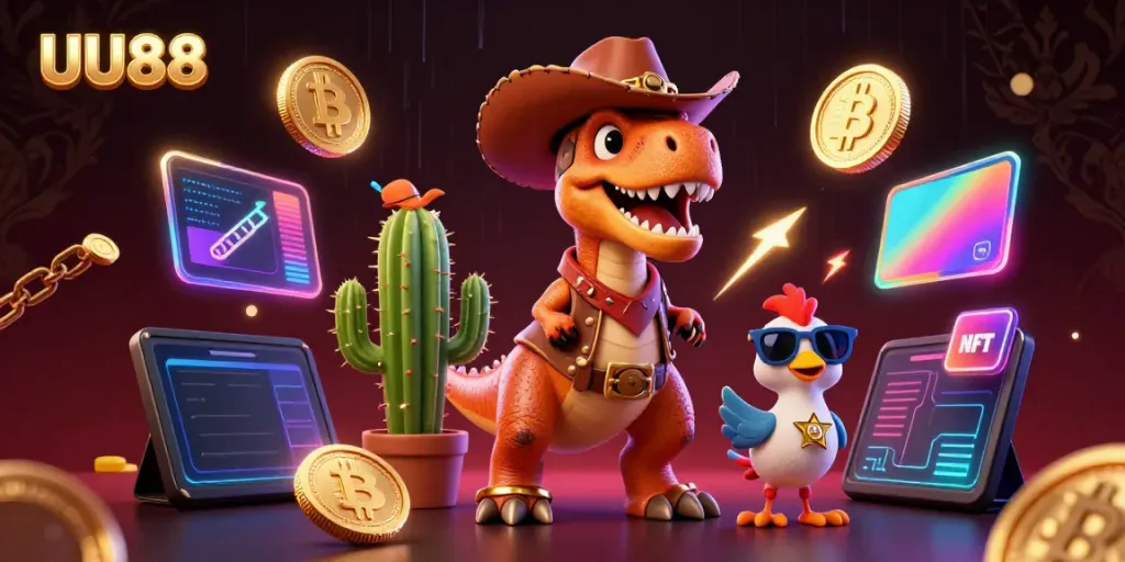 Experience thrilling gameplay at UU88 with a vibrant casino scene featuring exciting characters and crypto elements.