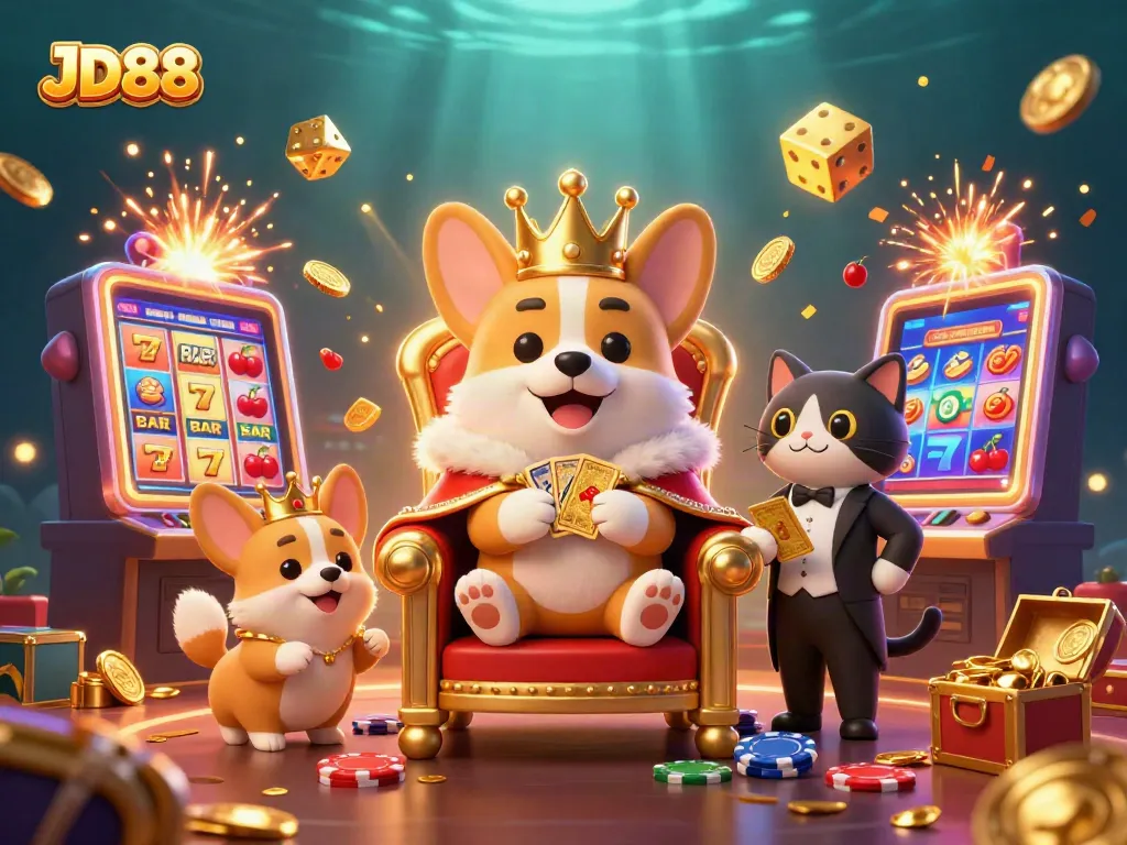 Experience JD88's thrilling world with a vibrant scene of a royal corgi and casino elements.