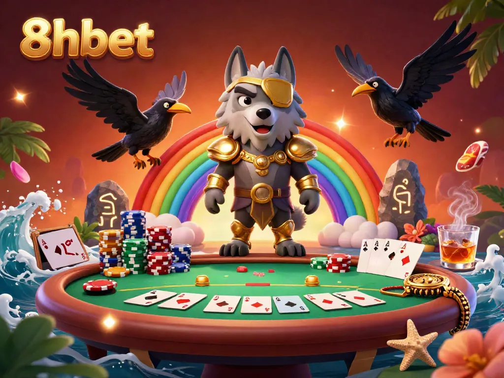 8xbet's Odin wolf character stands on a casino chip rainbow bridge surrounded by vibrant poker game elements.
